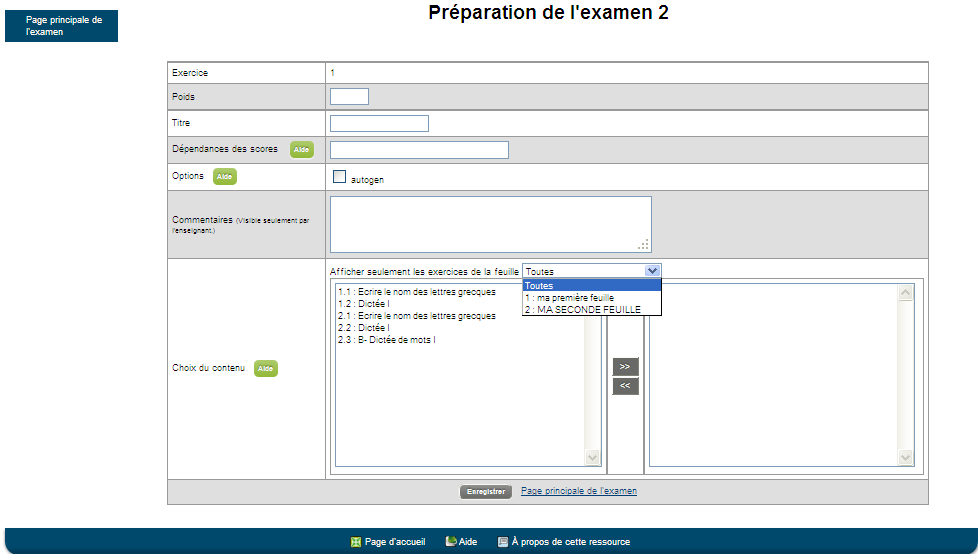 Page de configuration d'un examen